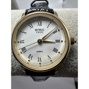 Benrus Swiss Ladies Watch New Battery 24MM 6.5" Black Leather Band Gold Tone B13